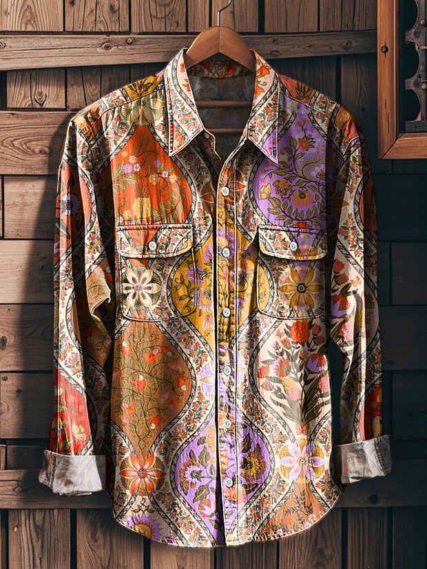 Men's Vintage Ethnic Floral Lapel Workwear Pocket Long Sleeve Shirt