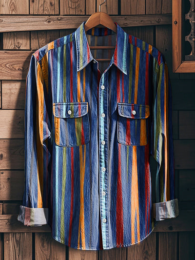 Men's Vintage Colorful Irregular Stripe Pattern Workwear Pocket Long Sleeve Shirt