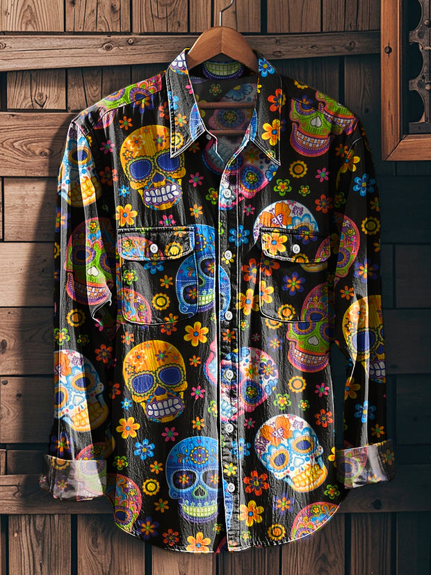 Men's Vintage Colorful Skull Flower Pattern Workwear Pocket Long Sleeve Shirt