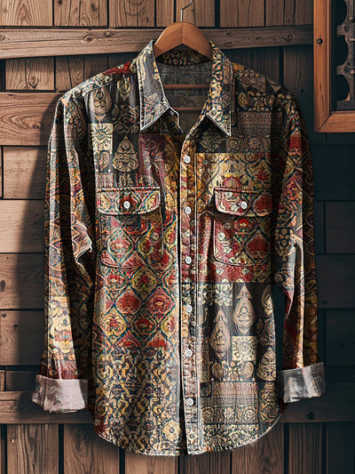 Men's Vintage Ethnic Geometric Floral Pattern Workwear Pocket Long Sleeve Shirt