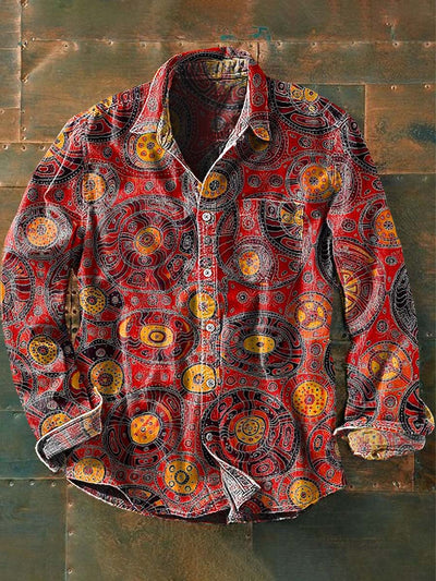 Men's Vintage Western Pattern Print Casual Lapel Long Sleeve Shirt