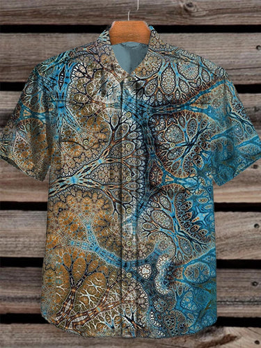 Unisex Men's Vintage Western Gradient Tree Hippie Abstract Print Casual Pocket Short Sleeve Shirt