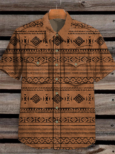 Unisex Men's Vintage Western Geometric Ethnic Abstract Print Casual Pocket Short Sleeve Shirt