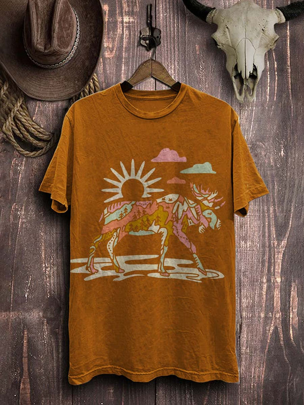 Vintage Western Cow Graphic Print Casual Cotton T-Shirt