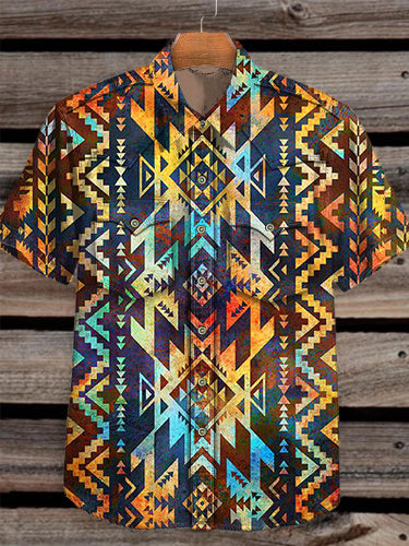 Unisex Men's Vintage Western Geometric Ethnic Colorful Abstract Print Casual Pocket Short Sleeve Shirt