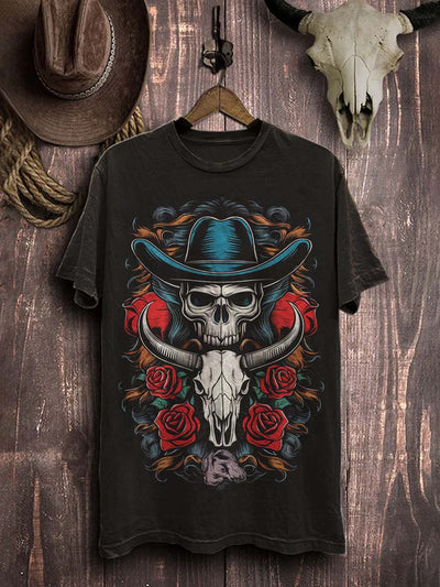 Skull Western Cowhorn Graphic Print Casual Cotton T-Shirt