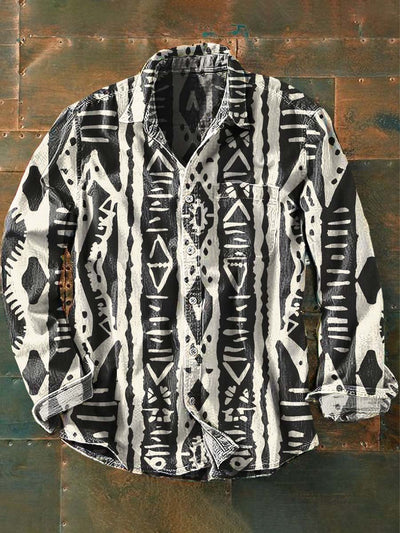 Men's Western Print Casual Lapel Long Sleeve Shirt