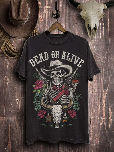 Skull Western Cowhorn Graphic Print Casual Cotton T-Shirt