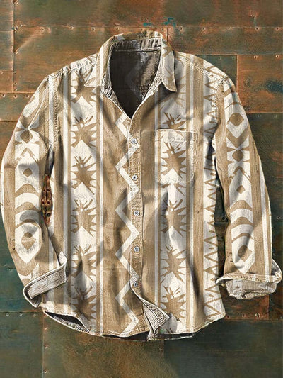 Men's Western Print Casual Lapel Long Sleeve Shirt