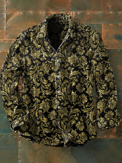 Unisex Men's Vintage Gothic Style Gold Floral Patterns Abstract Print Casual Long Sleeve Shirt