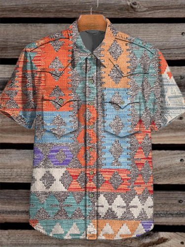 Unisex Men's Vintage Western Geometric Ethnic Colorful Abstract Print Casual Pocket Short Sleeve Shirt