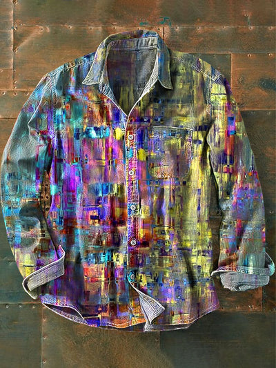 Men's Vintage Abstract Colorful Gradient Art Print Long Sleeve Pocket Shirt