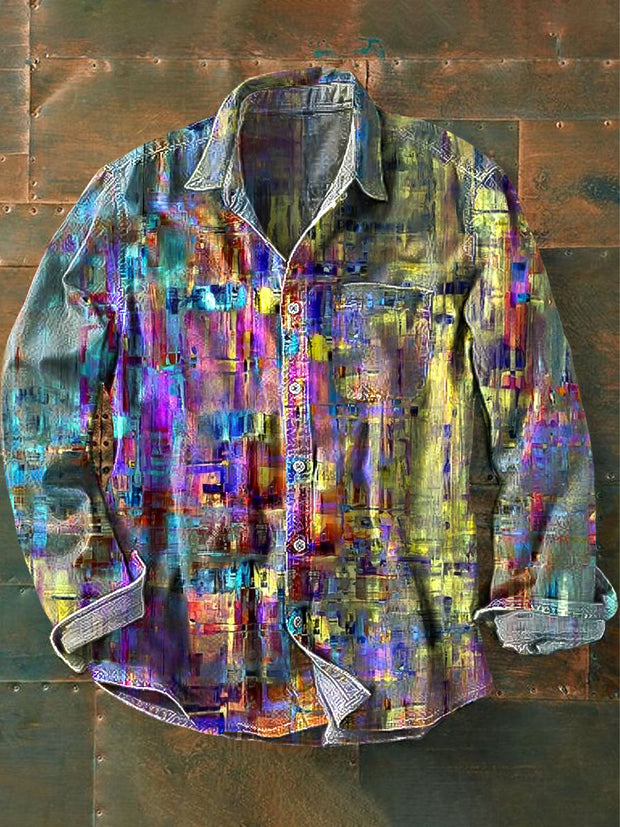 Men's Vintage Abstract Colorful Gradient Art Print Long Sleeve Pocket Shirt