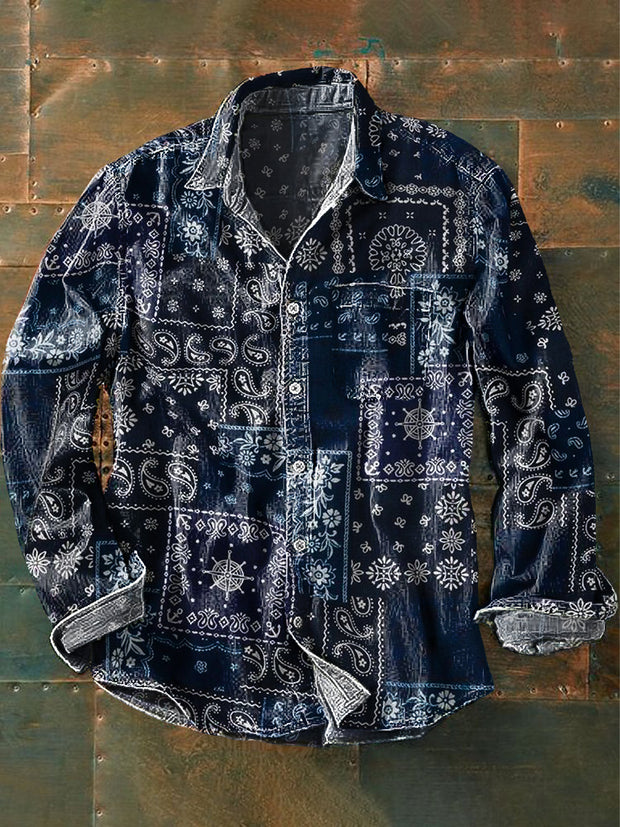 Men's Vintage Paisley Geometric Art Print Long Sleeve Pocket Shirt