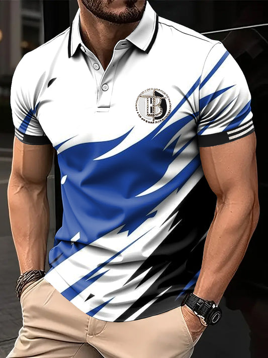 Pánské retro abstraktní geometrické patchwork art print casual business polo shirt