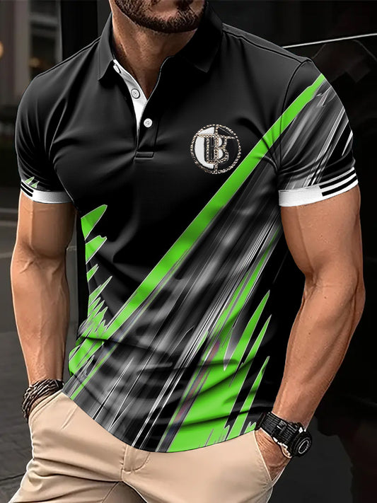 Pánské retro abstraktní linie graffiti patchwork art print casual business polo shirt