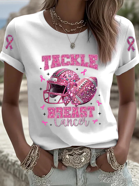 Women's breast cancer awareness rhinestone casual t-shirt