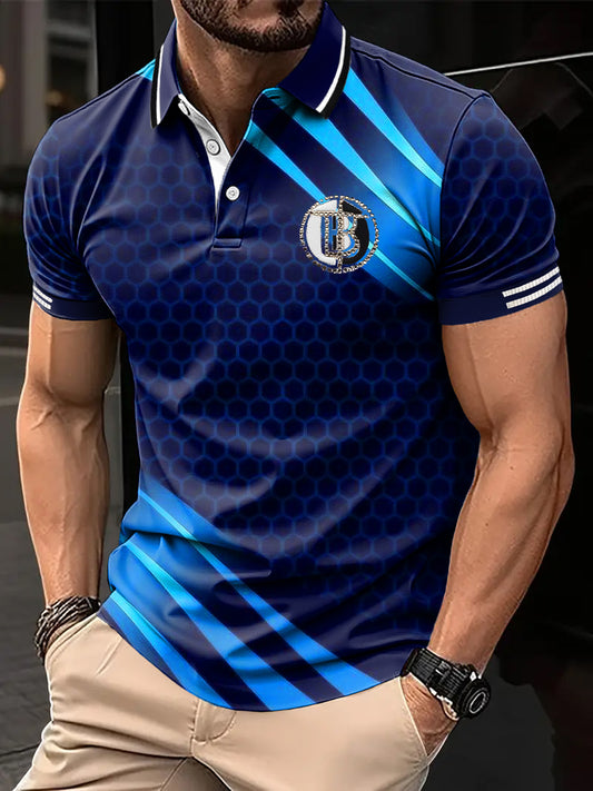 Pánské retro geometrické linie splicing art print casual business polo shirt