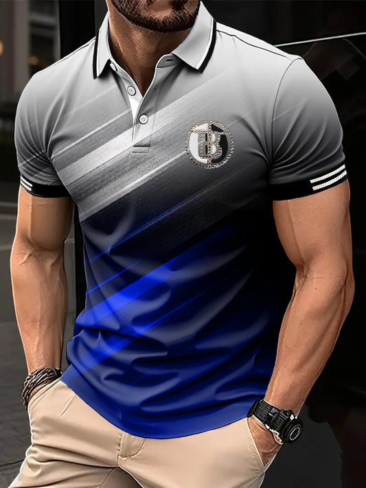 Pánské retro gradient line splicing art print casual business polo shirt