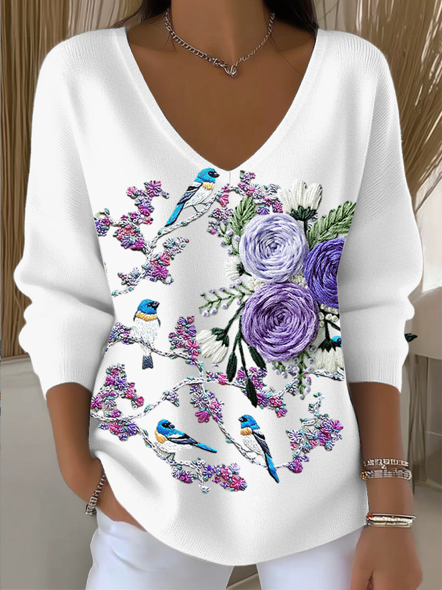 Dámské vintage ptačí a květinové v-neck top