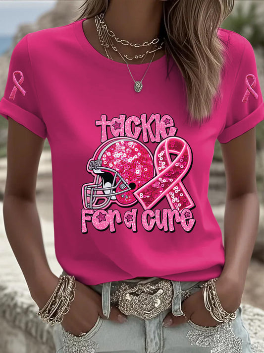 Women's breast cancer awareness sequin casual t-shirt