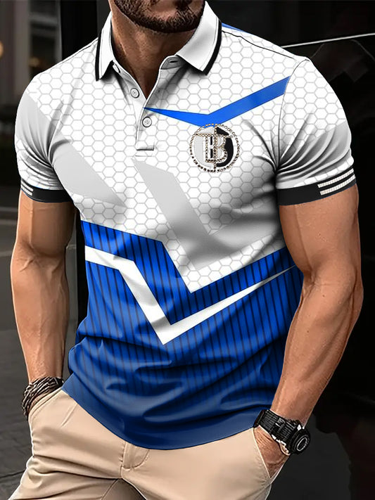 Pánské retro nepravidelné linie splicing art print casual business polo shirt