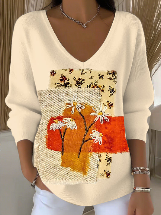 Dámské vintage květinové patchwork v-neck top