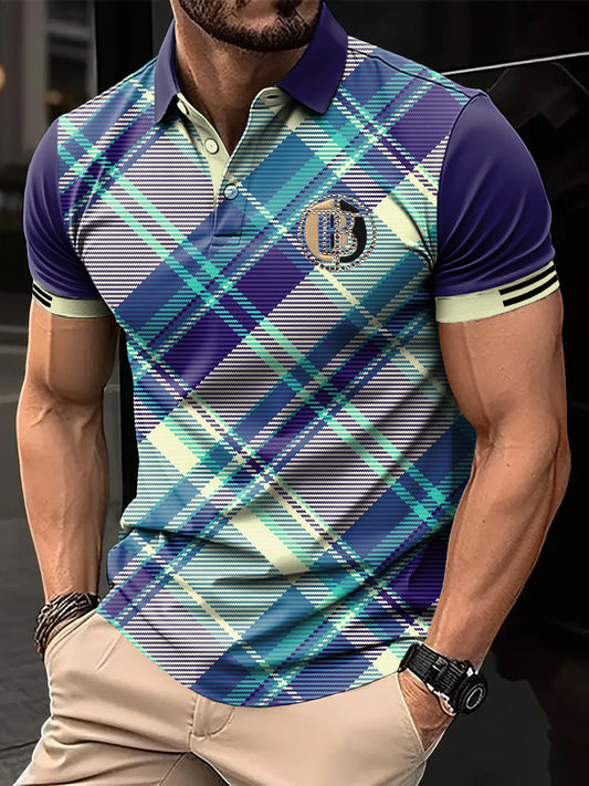 Pánské retro multi-color checkered spliced art printed casual business polo shirt
