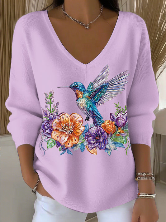 Dámské vinobranie kolibřík květinové rhinestone v-neck top