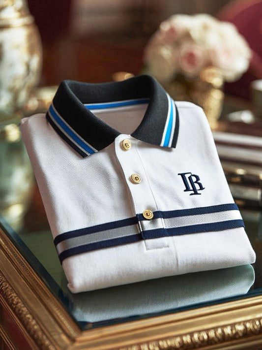 Classic striped emblem business short-sleeve polo shirt
