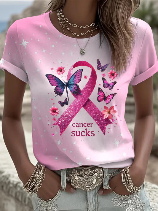Women's breast cancer ribbon butterfly sequin print casual t-shirt