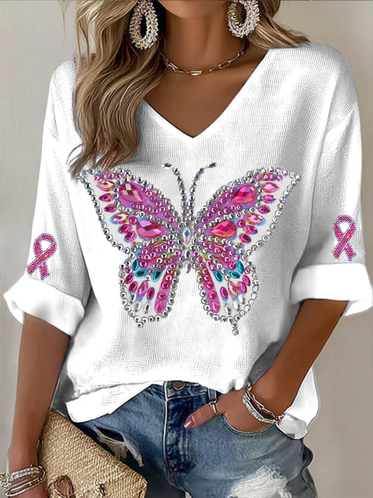 Dámské butterfly rhinestone v-neck top