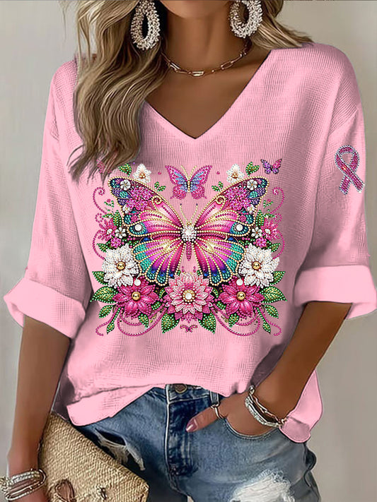 Dámské růžový motýl rhinestone v-neck top