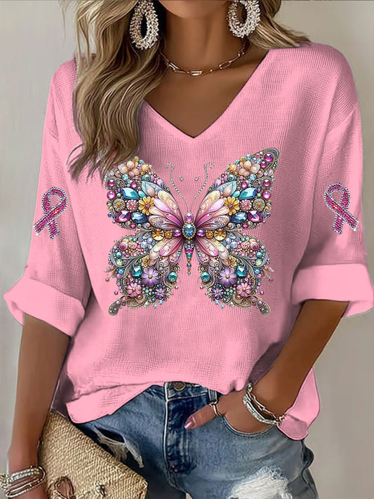 Dámské motýlie stuha rhinestone tisk casual dlouhý rukáv t-shirt