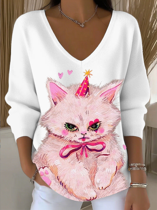 Dámské rozkošné cat-tisk v-neck top
