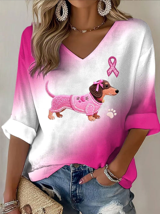 Dámské růžový dachshund tisk casual s dlouhými rukávy t-shirt