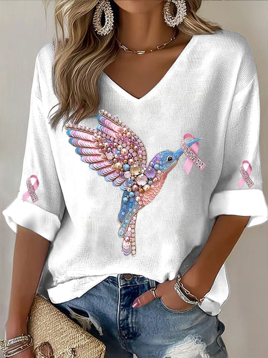 Dámské kolibřík rhinestone tisk příležitostné dlouhý rukáv top