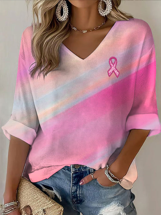 Dámské růžová stuha tisk casual dlouhý rukáv t-shirt