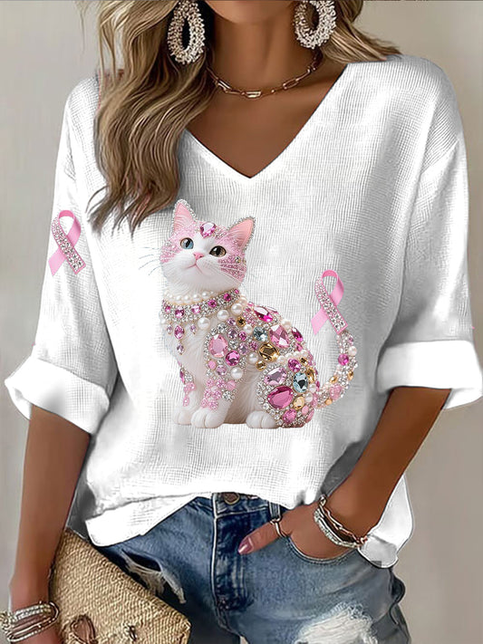 Dámské rhinestone cat ribbon print casual s dlouhým rukávem top