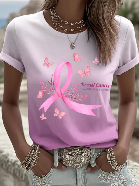 Women's gradient pink ribbon printed casual short sleeved shirt