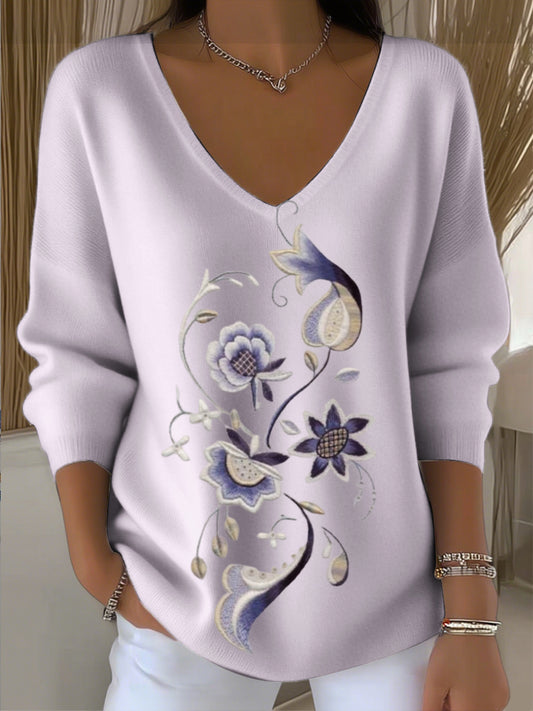 Dámské jednoduché světlé fialové květinové výšivky v-neck svetr