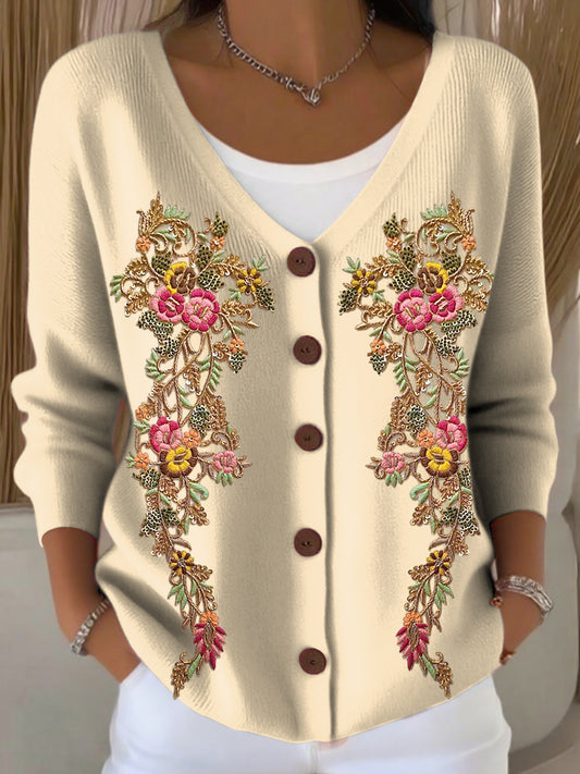 Dámské romantické květinové v-neck pletené vesty
