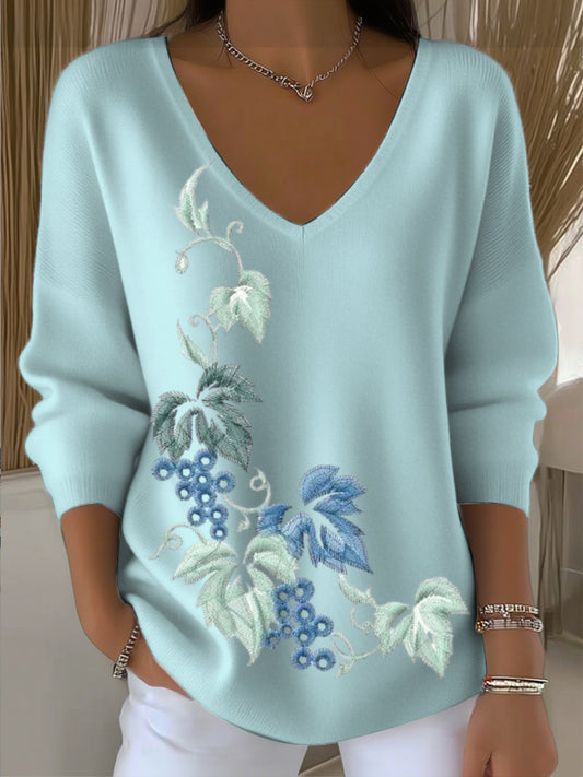 Dámské jezero modré květinové vyšívané v-neck svetr