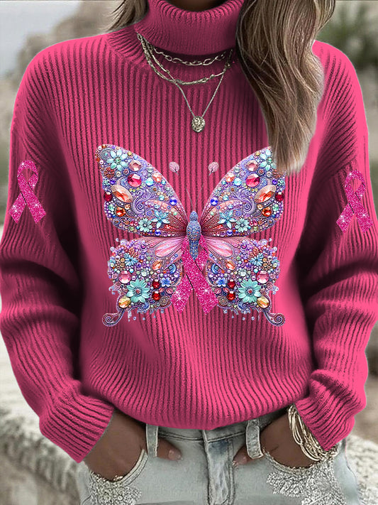Dámské růžový motýl luk rhinestone roletý svetr