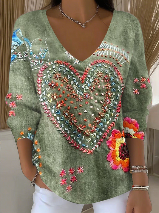 Women's vintage bohemian patchwork art v-neck top