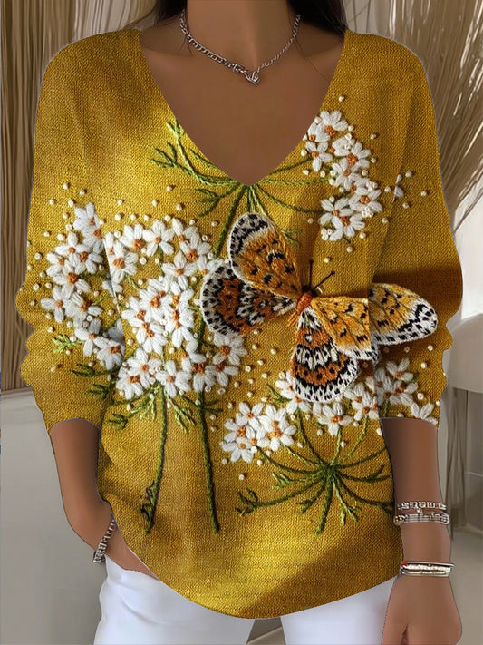 Ženy vintage motýl květinové umění v-neck top