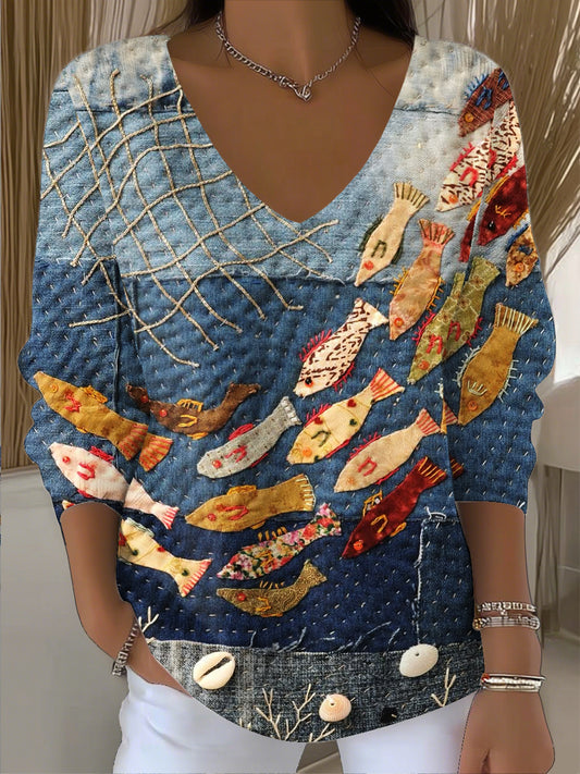 Ženy vintage ryby patchwork umění v-neck top