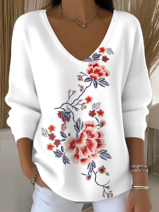 Dámské vintage květinové umění v-neck top