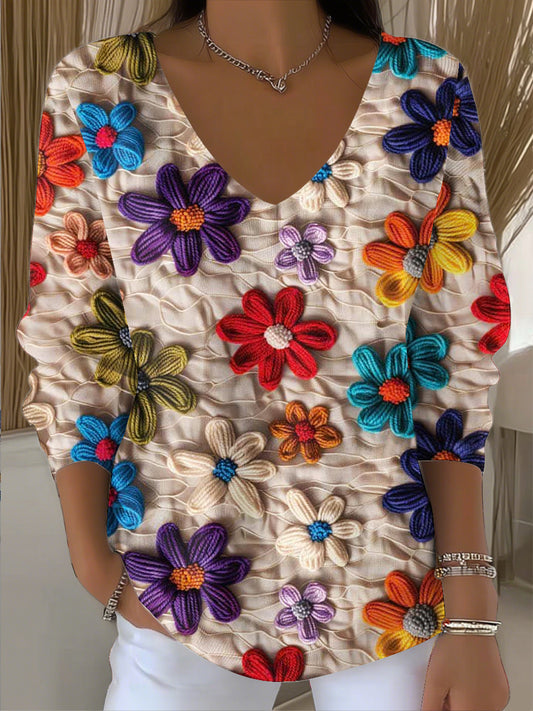 Women's vintage floral patchwork art v-neck top