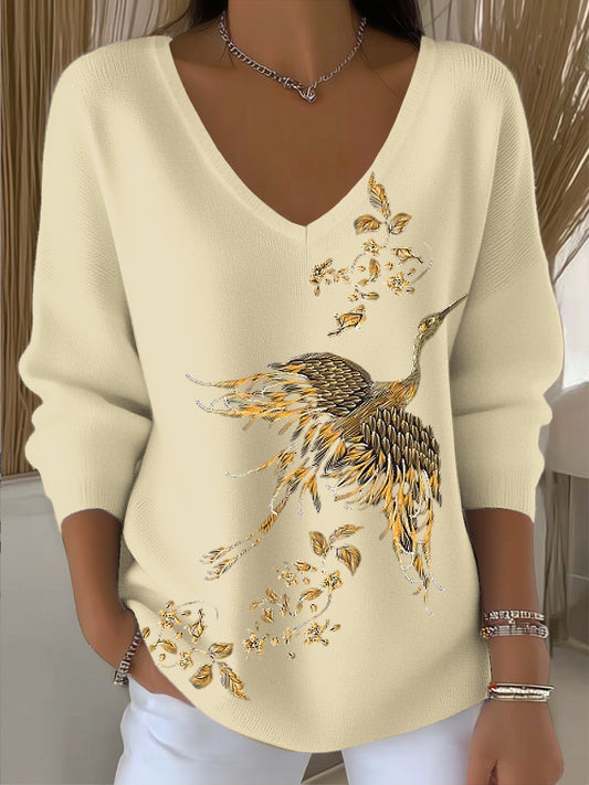 Ženy vintage létající jeřáb umění v-neck top